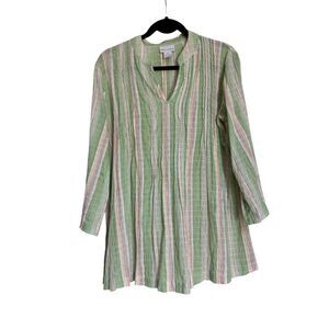 Soft Surroundings Top Womens Size Medium Green White Striped Pleated Blouse